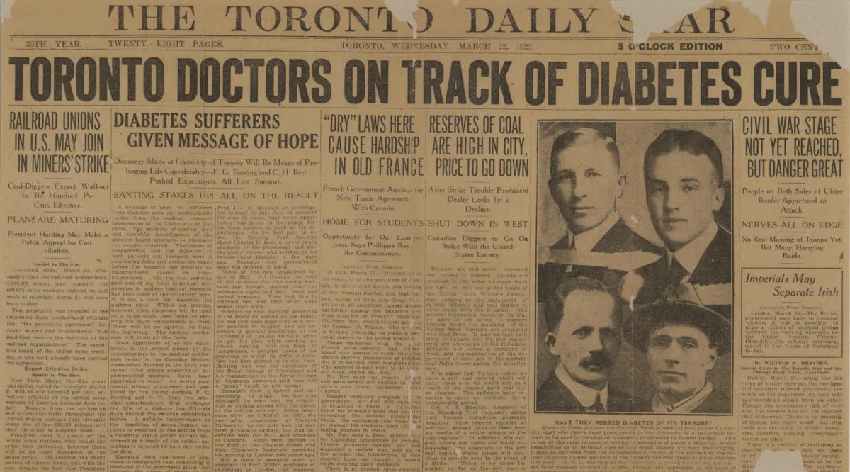 Front page of the 1922 Toronto Daily Star with the headline Toronto doctors on track of diabetes cure